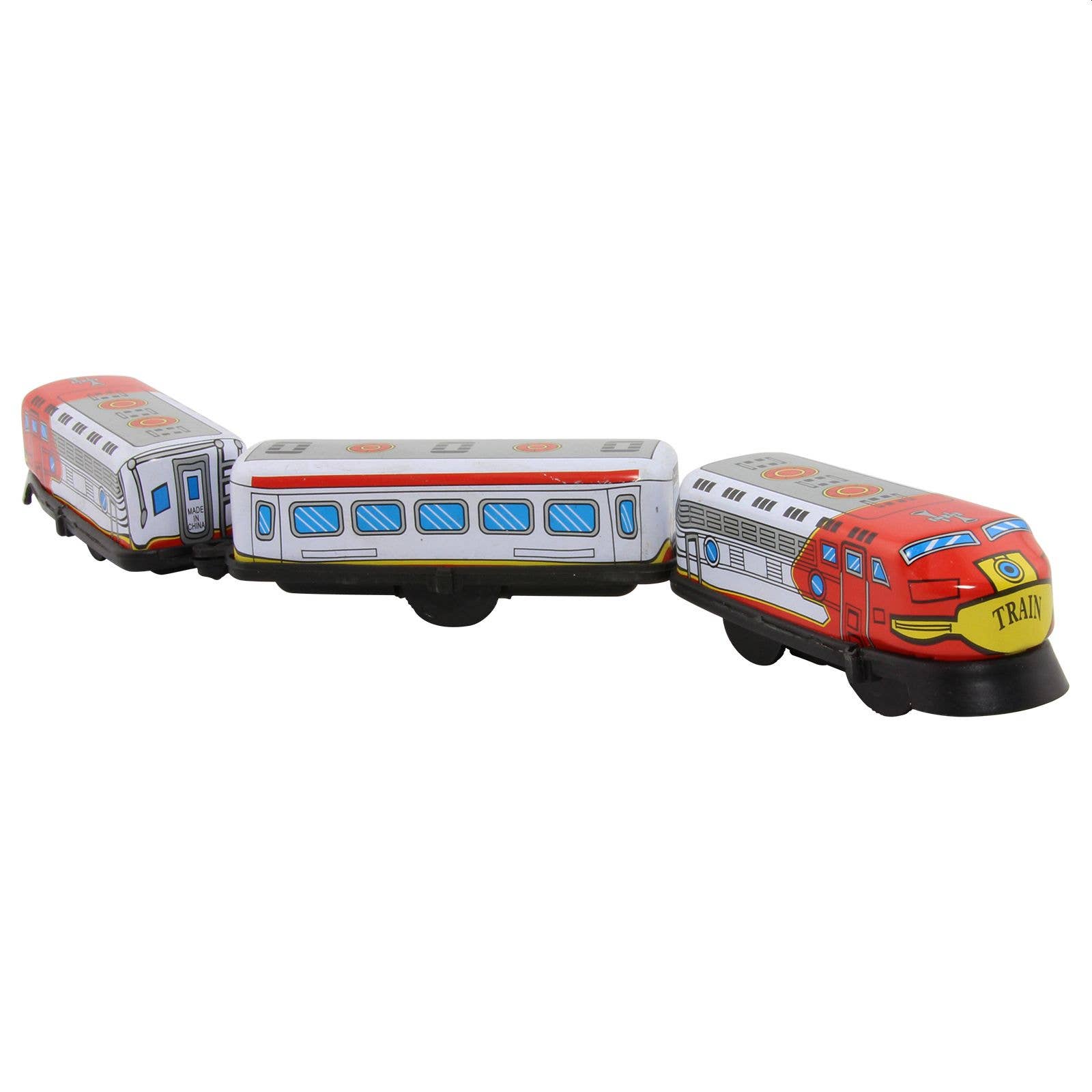 Multicolour tinplate wind-up toy train locomotive with carriage, key-wound vintage lithographic finish, compact 32×3×4cm