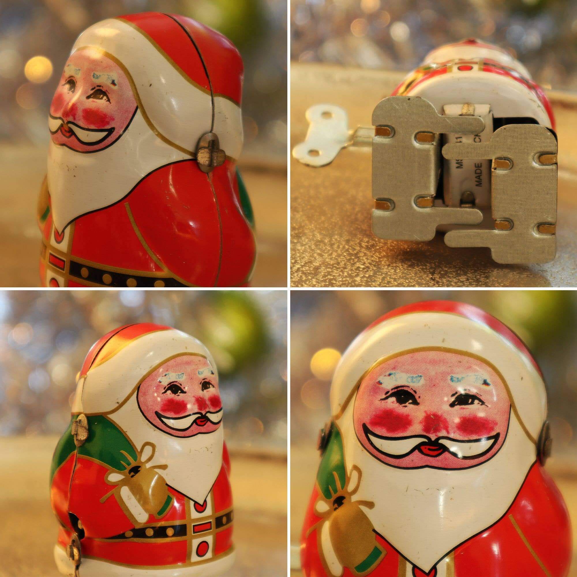 Aufziehbarer Zinn-Weihnachtsmann, handbemalte Retro-Figur mit Schlüssel, 8 cm, auf goldenen Hintergrund.