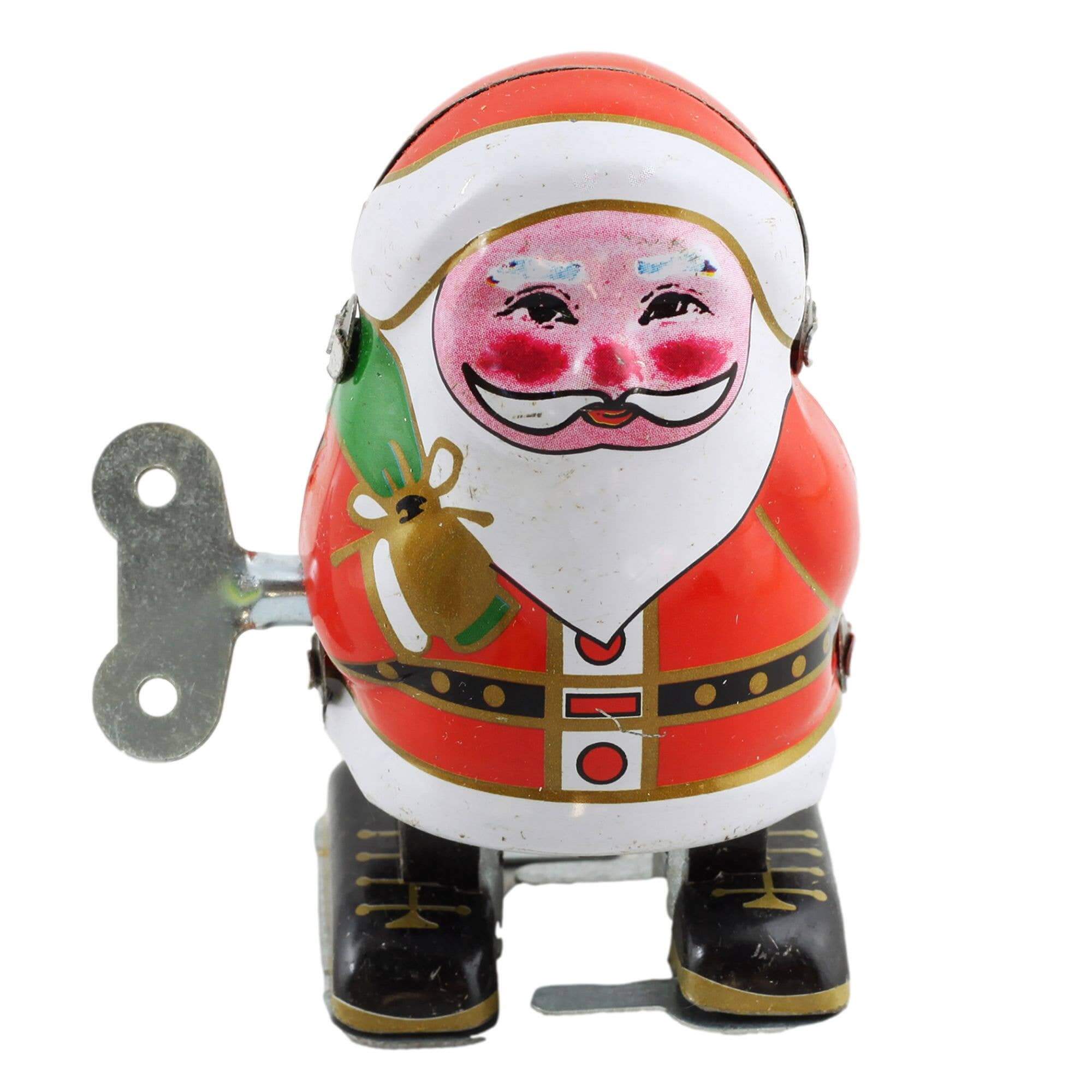 Tin wind-up Santa hand-painted retro figure with key approx 8 cm tall visible mechanical wind-up mechanism SKU BS0183