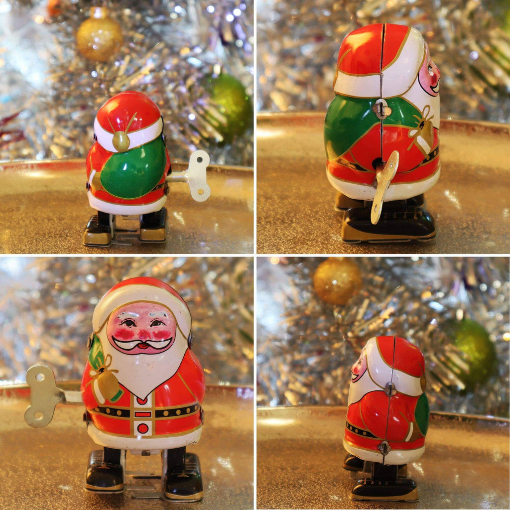 Aufziehbarer Zinn-Weihnachtsmann, handbemalte Retro-Figur mit Schlüssel, 8 cm auf einem festen Untergrund