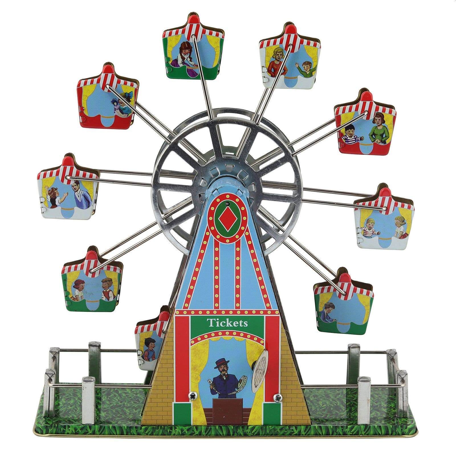 Tin Ferris Wheel music box hand-painted lacquered tin red blue yellow gondolas chrome accents H18x12x6 cm wind-up mechanism