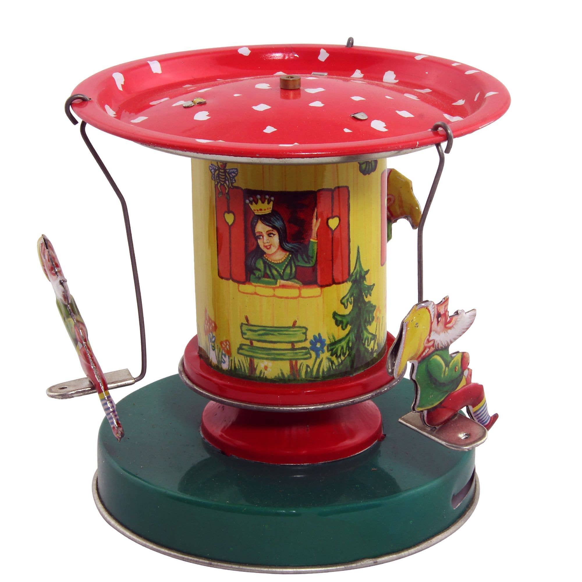 Snow White hand-painted tin carousel with rotating figures on wood base 20cm diameter glossy lacquer