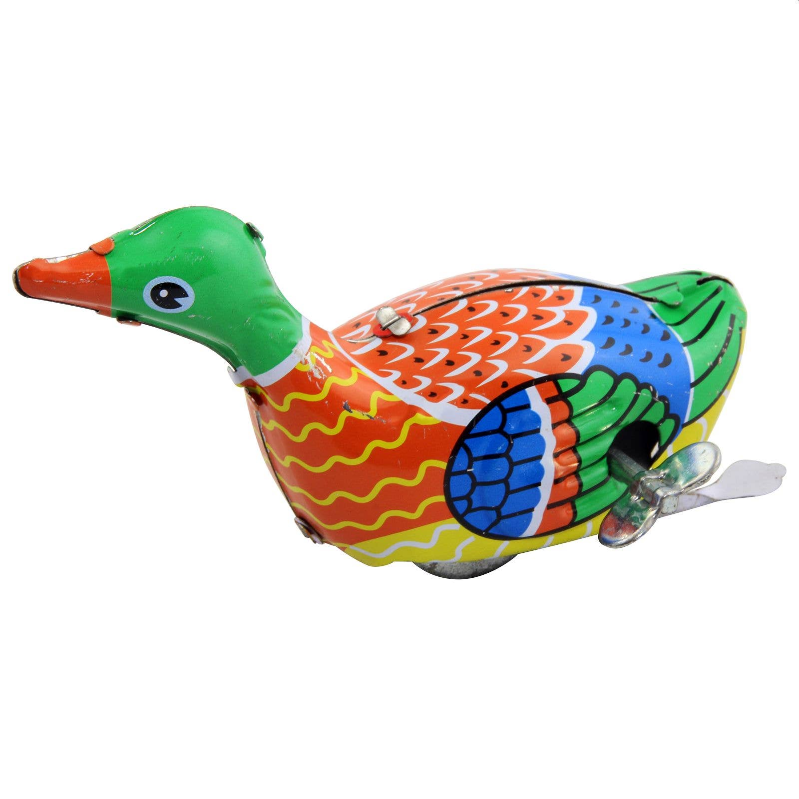 Tinplate wind-up duck multicolour 10x4x5 cm 50 g with visible winding key vintage-style tin