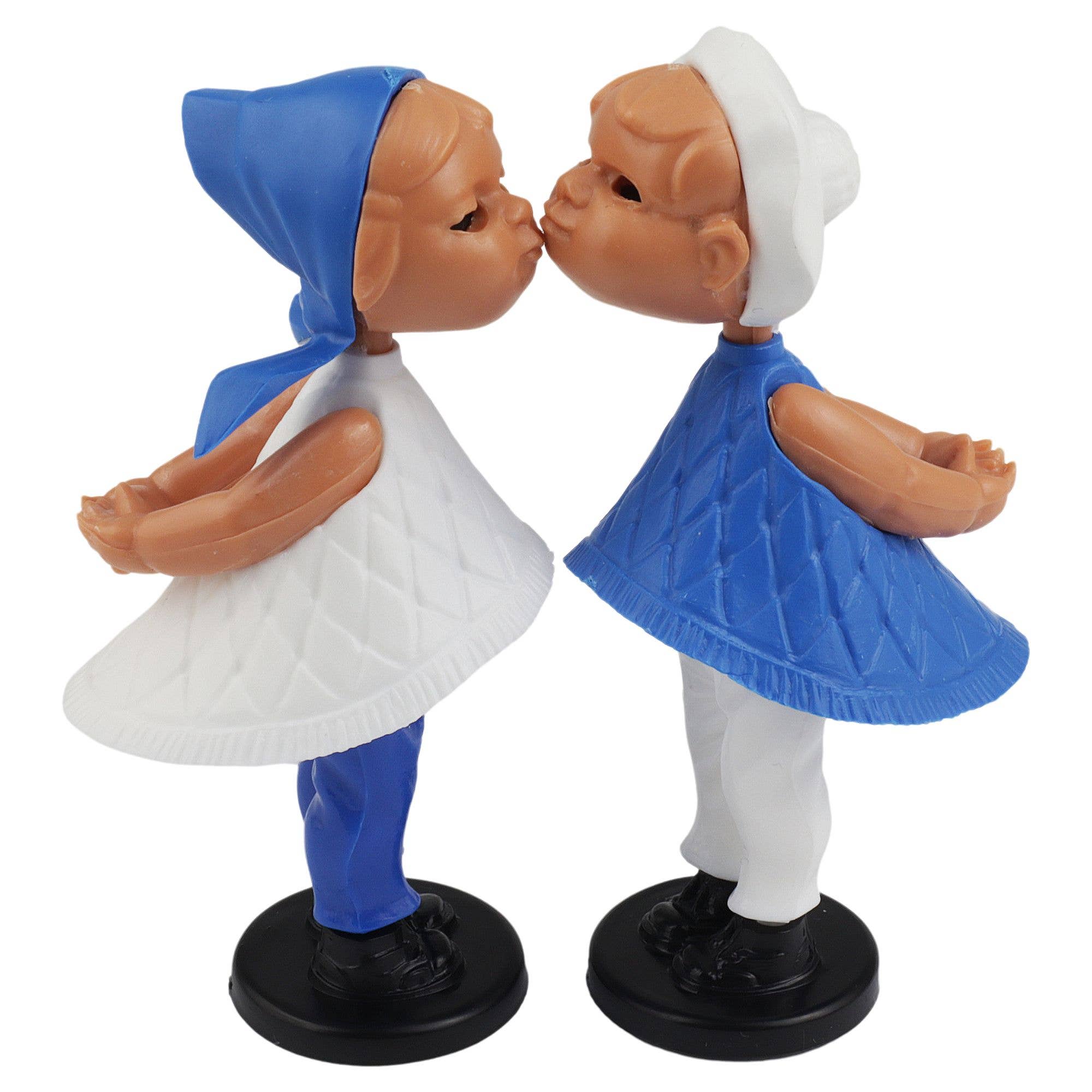 Magnetic Kissing Dolls pair blue and white hand-painted resin with embedded head magnets approx 9 x 4 x 4 cm each