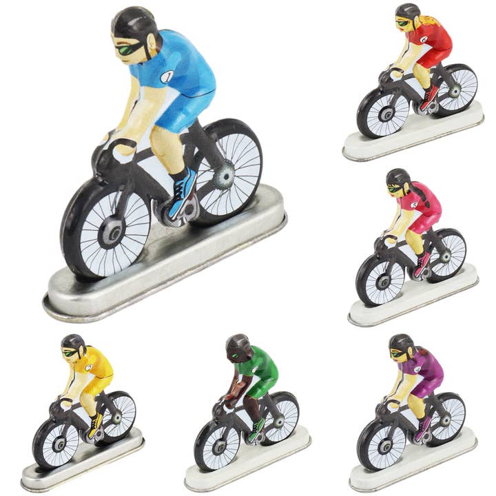 Six hand-painted tin cyclist mini bicycles on bases assorted racing colours 0.8 x 3.7 x 3.8 cm Made in India