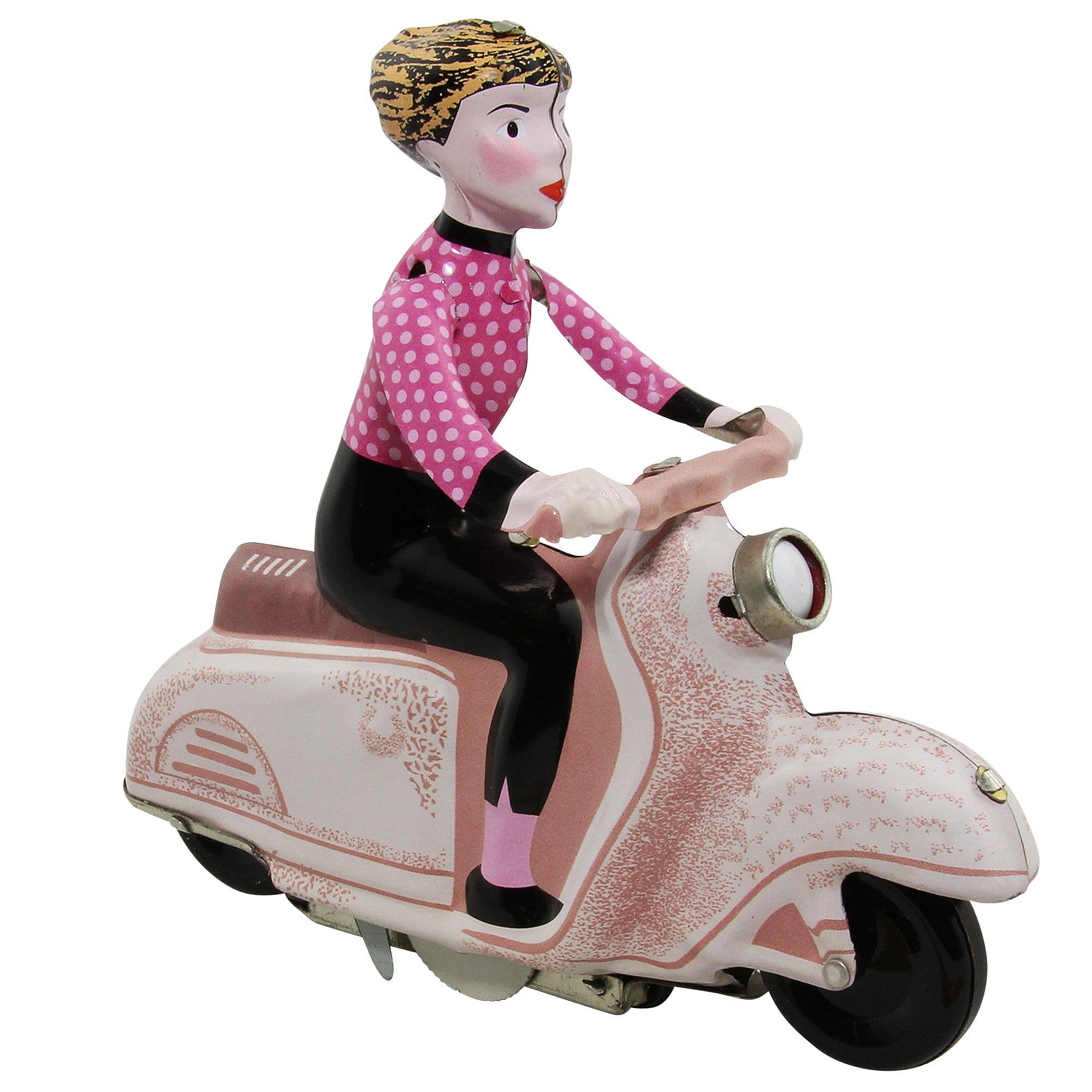 Pink tin wind-up scooter collectible with lithographic enamel finish and manual clockwork mechanism approx 18x7x12 cm