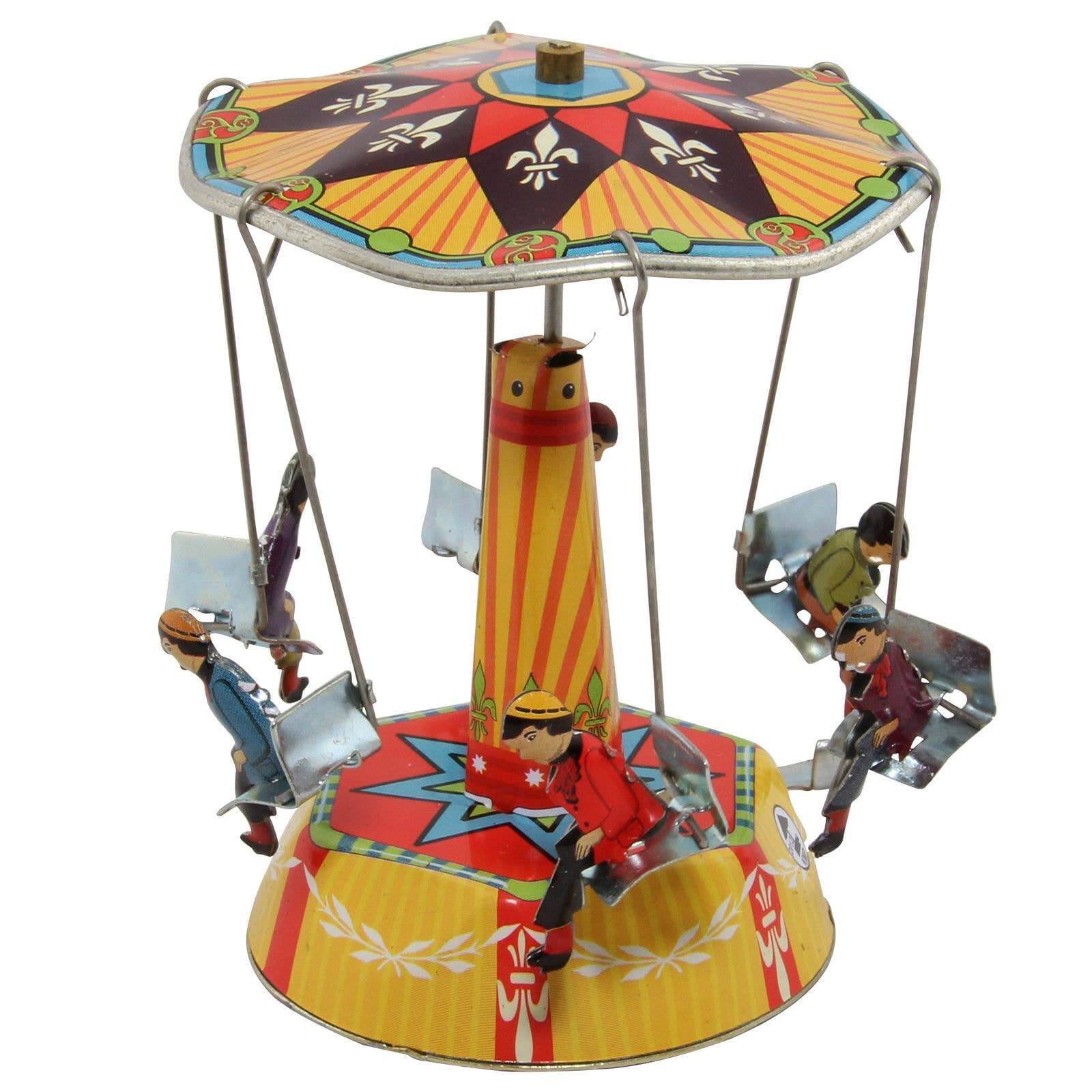 Hand-painted tin carousel with four rocking horse figures mechanical wind-up spring 16 cm diameter glossy zinc finish