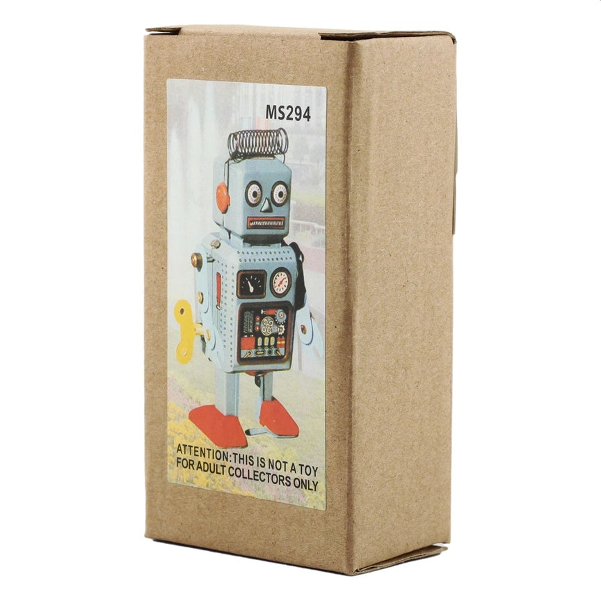 Handgefertigte Roboter-Blechfigur „Rob“ – Vintage-Design trifft Metall-Handwerkskunst in Verpackung.