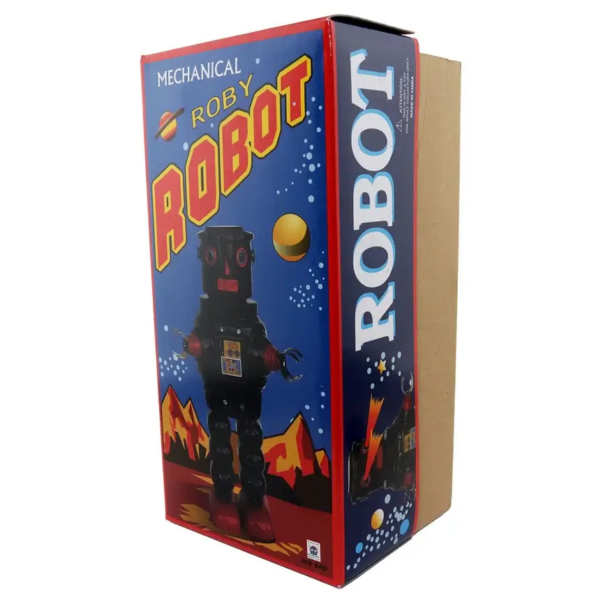 Mechanischer Blechroboter Roby Silber Retro Aufziehspielzeug 22 cm in einer bunten Verpackung.