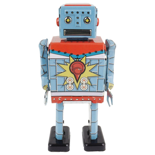 Retro blue hand-painted tin wind-up robot with red and yellow accents 13×6.5×4.5 cm wind-up key slot