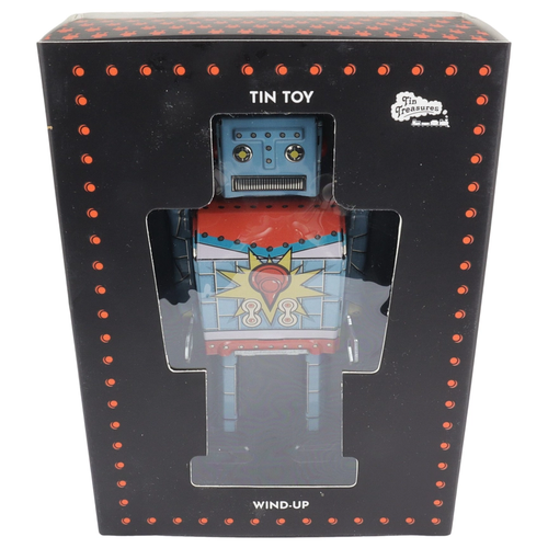 Retro Blech-Roboter mit Aufziehmechanismus – Blau (BS0599-002) in Verpackung, nostalgisches Sammlerstück.