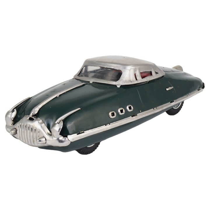 Retro tin race car green 1950s style with wind-up key metal body plastic windows 19×7×5.5 cm SKU BS0088