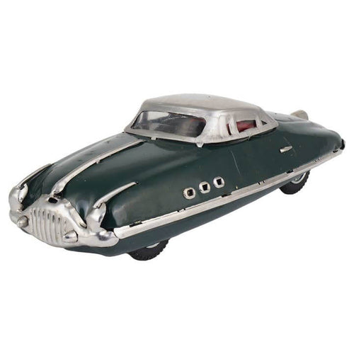 Retro tin race car green 1950s style with wind-up key metal body plastic windows 19×7×5.5 cm SKU BS0088