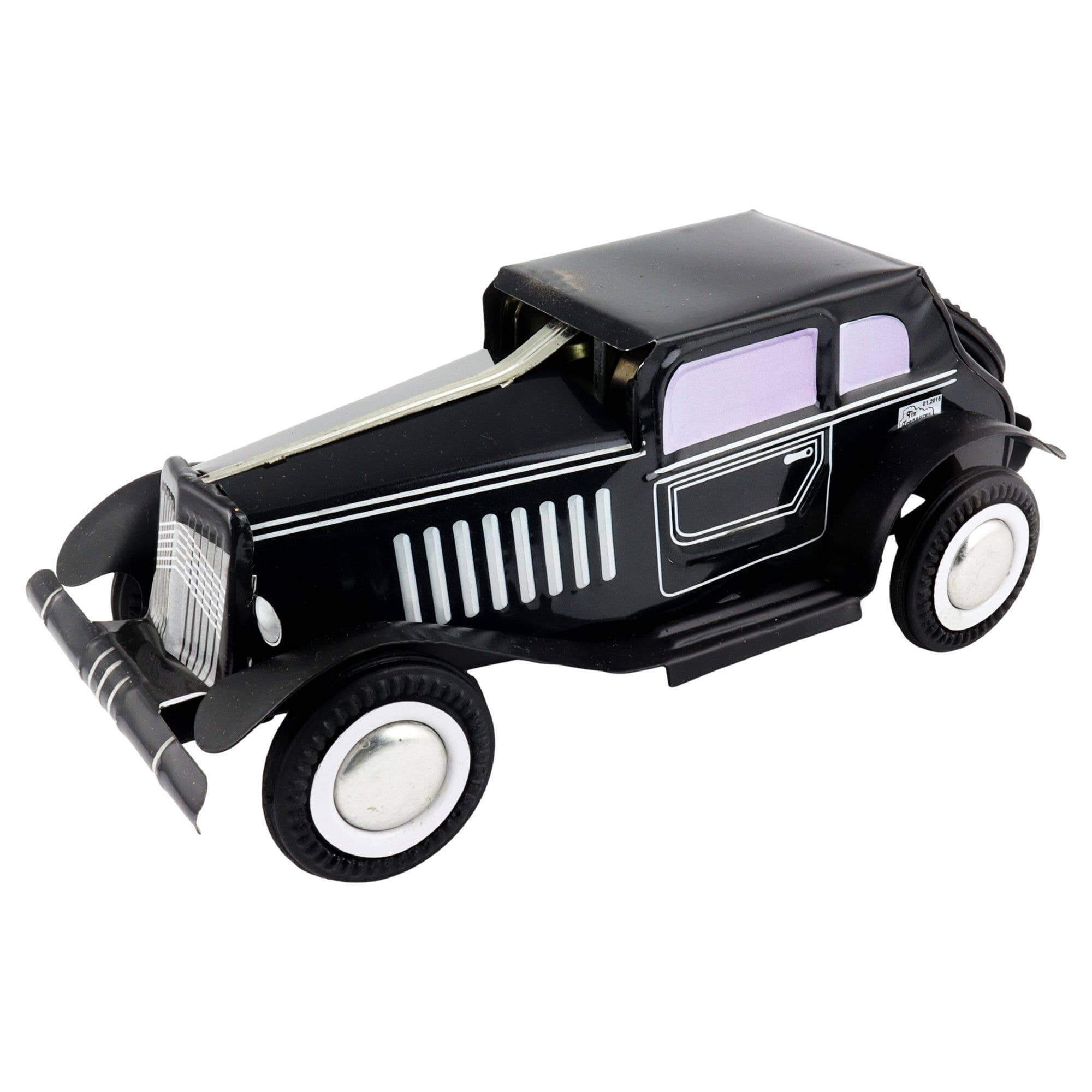 Retro tin car black 12x5x6 cm lithographed metal vintage gangster style with printed details