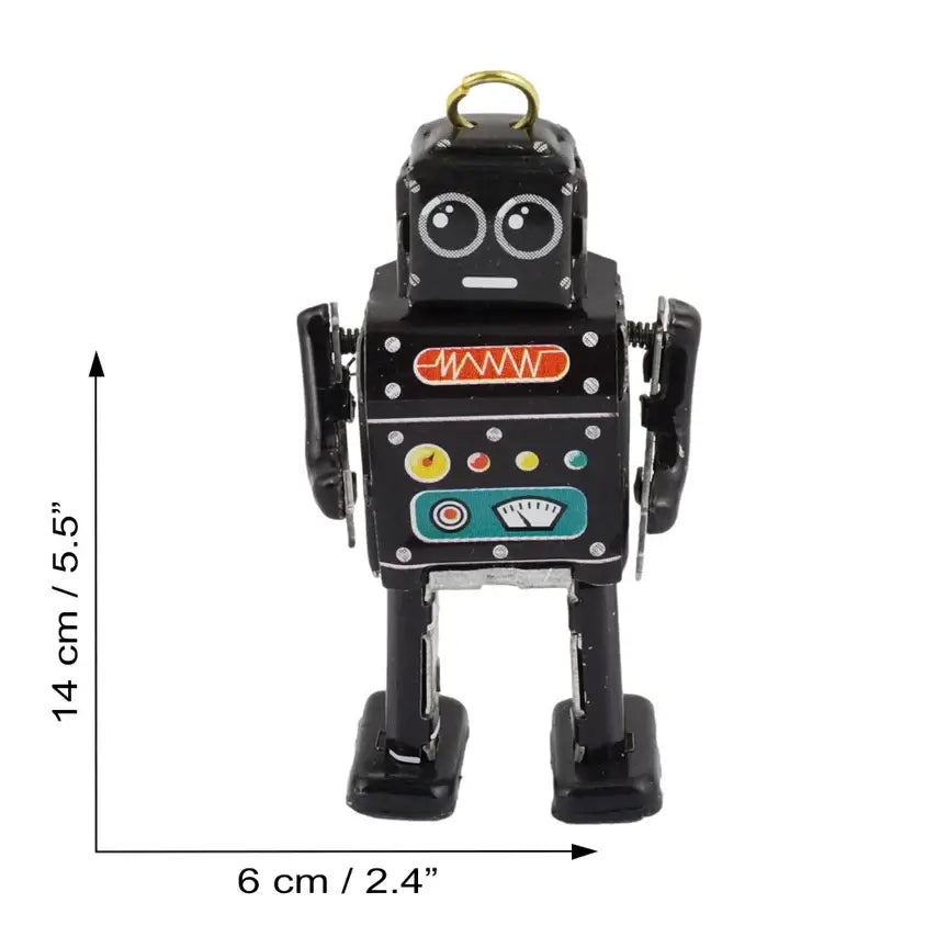 Retro Blechspielzeug Mini-Roboter Figur Schwarz für Sammler und Deko, detailreiche Lackierung und nostalgisches Design.