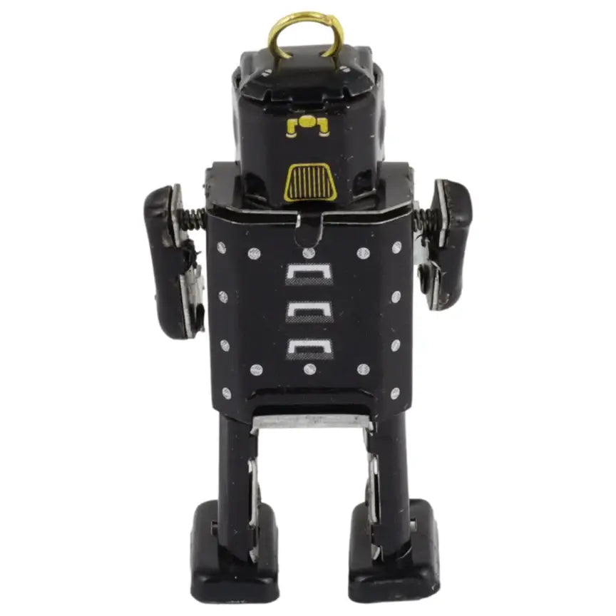 Retro Blechspielzeug Mini-Roboter Figur Schwarz für Sammler und Deko - detailreiche Lackierung und nostalgisches Design.