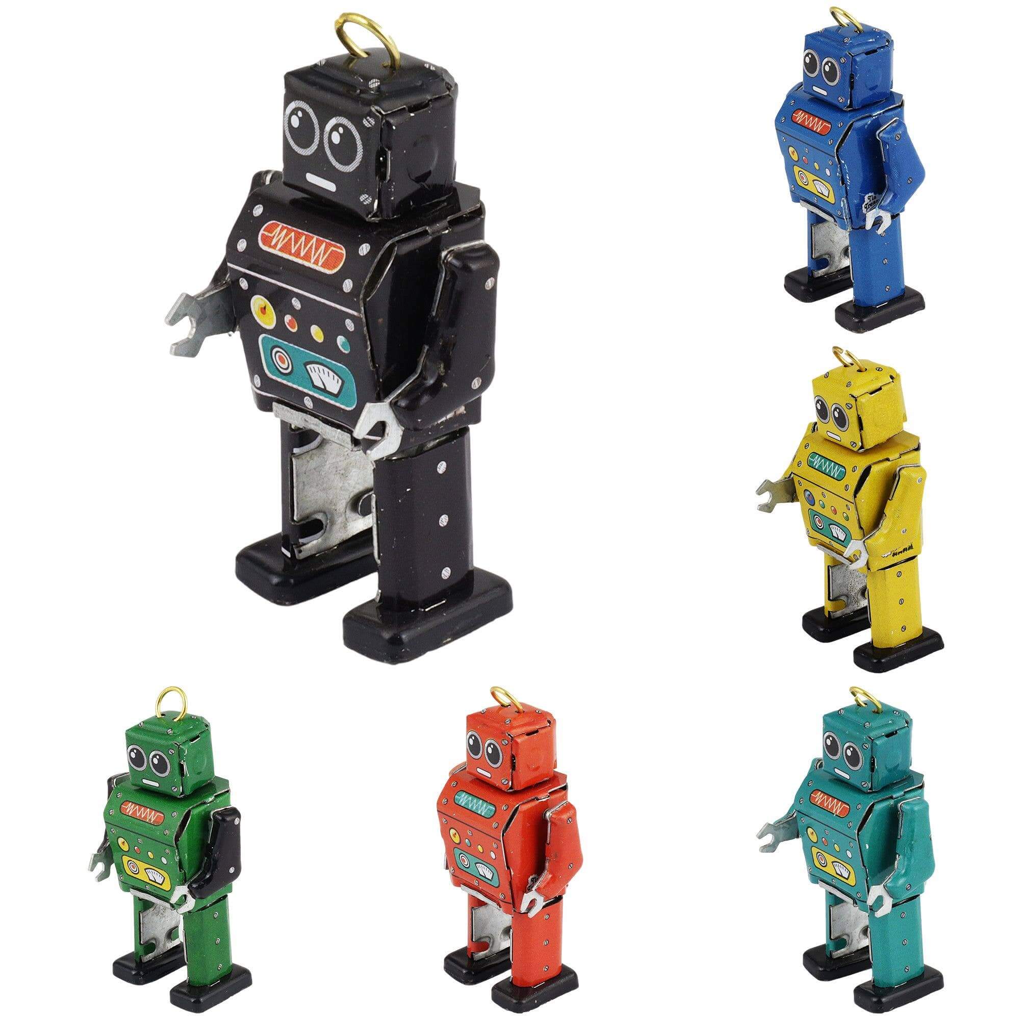 Retro Blechspielzeug Roboter 6er-Set Mini Figuren dekorativ nostalgisch, verschiedene Farben, nostalgische Details.