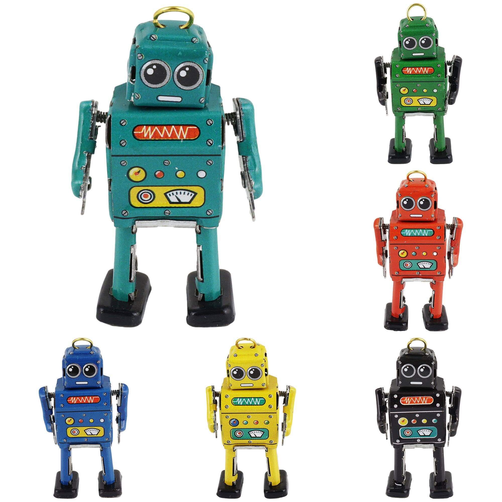 Retro tin robot set 6 mini painted tin figures 4.8cm tall vintage-style made in India SKU BS0293-101