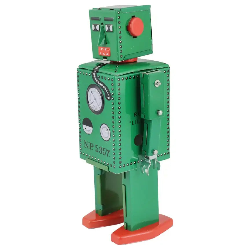Retro Blechspielzeug Roboter Lilliput grün mechanisch handbemalt Sammlerfigur seitlich stehend in nostalgischem Design.