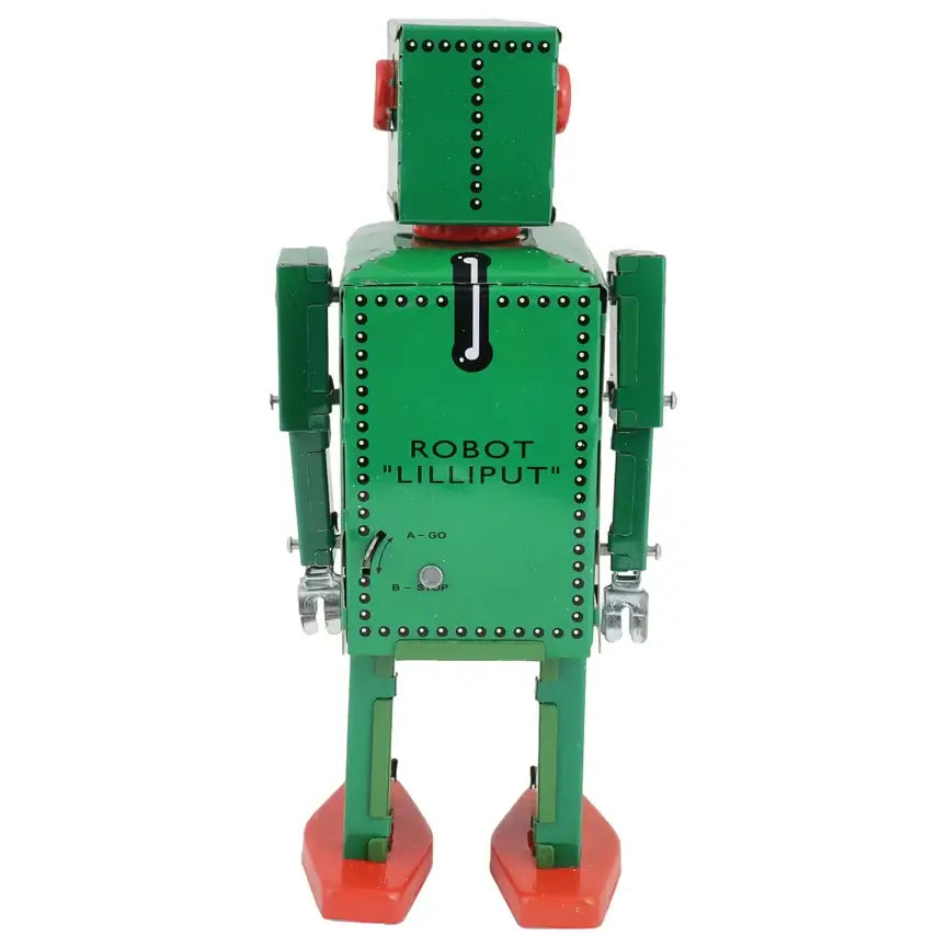 Retro Blechspielzeug Roboter Lilliput grün mechanisch handbemalt Sammlerfigur von hinten gesehen.