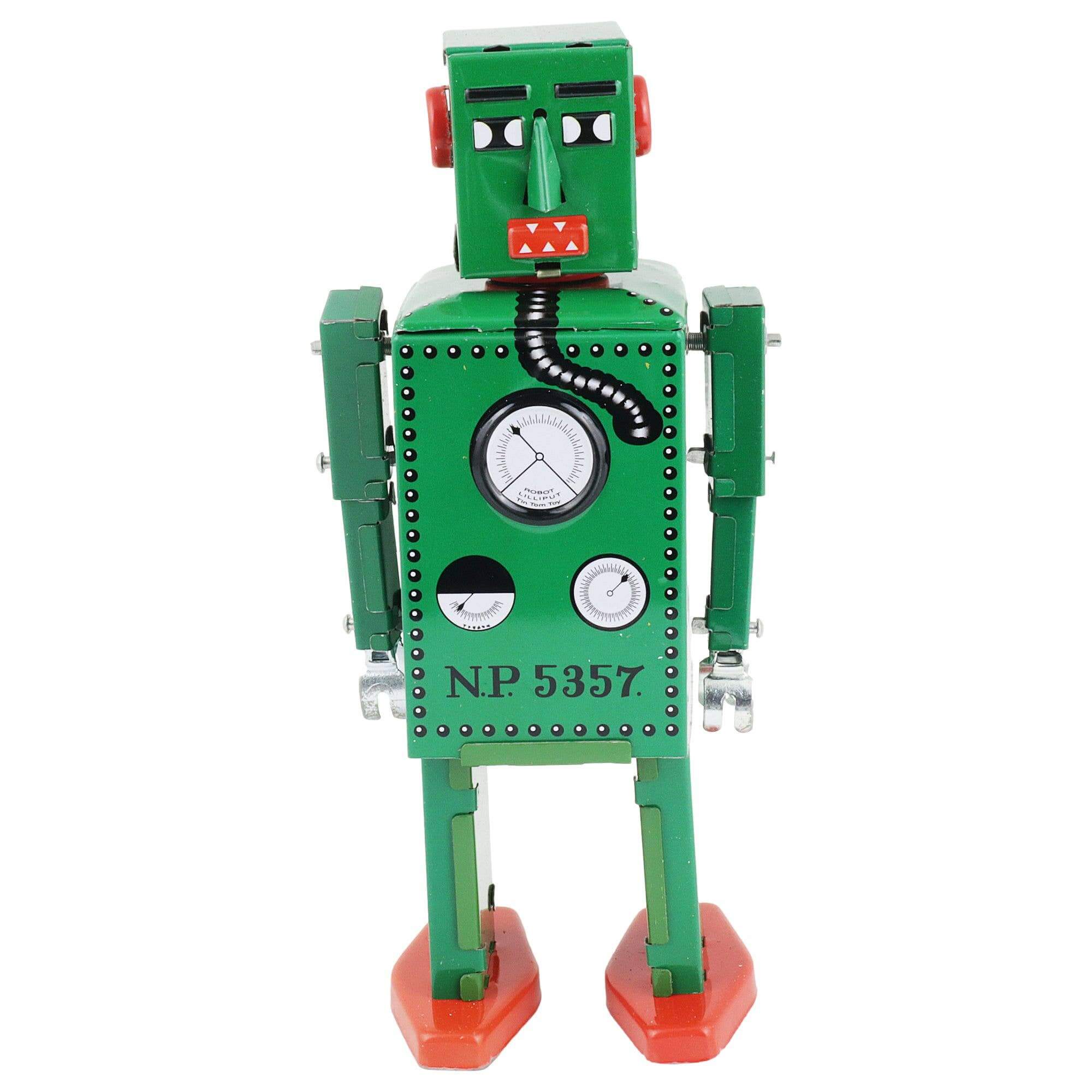 Retro green tin robot Lilliput hand-painted metal 14 cm tall manual wind-up vintage collectible