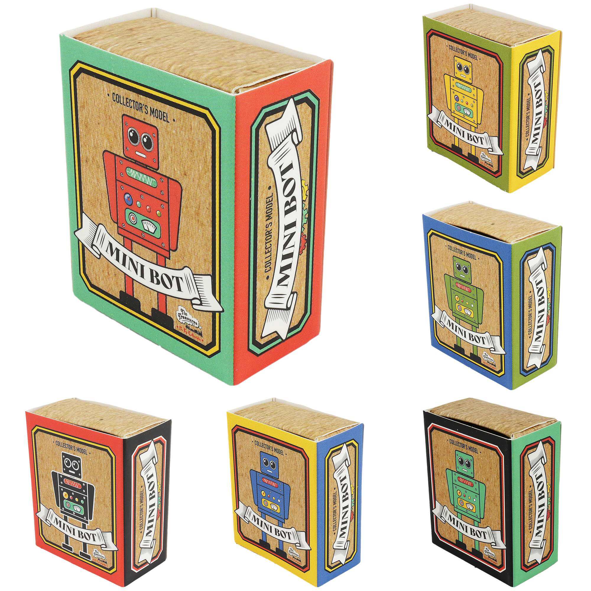 Retro Blechspielzeug Roboter 6er-Set Mini Figuren dekorativ nostalgisch, attraktive Verpackungen der Mini Roboter.