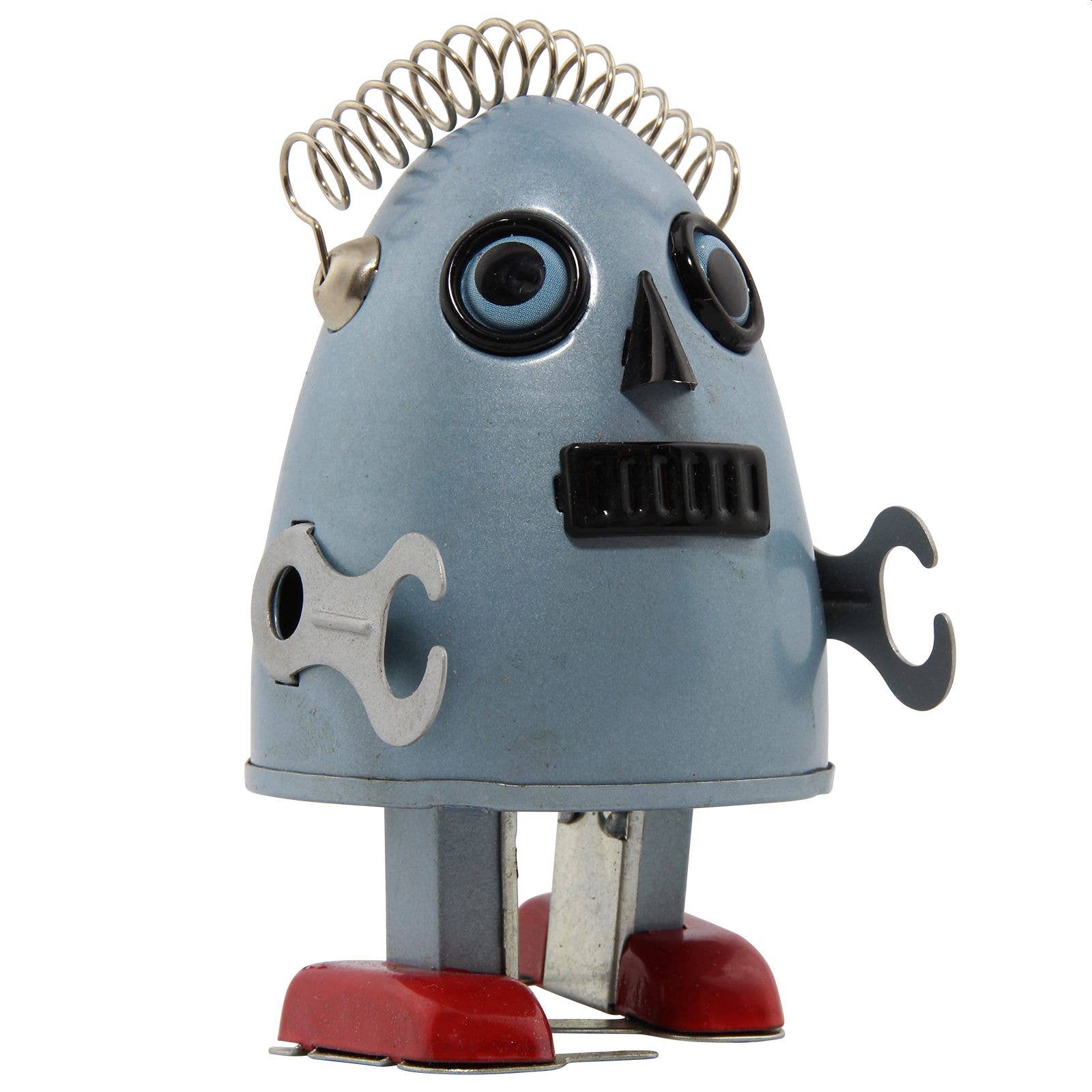 Silver wind-up tin robot 5x5x8 cm with key-wound spring red feet black painted details lightweight 0.11 kg collectible