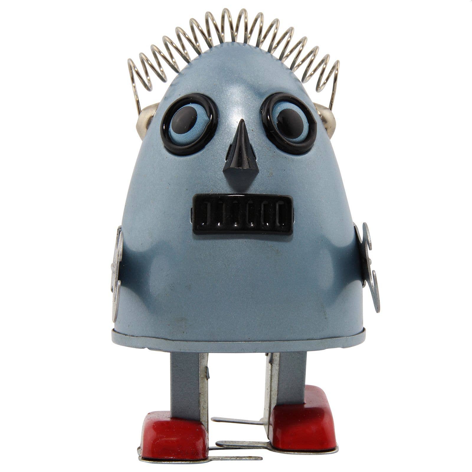 Roboter-Ei aus Blech silber, Aufziehspielzeug mit Schlüssel, Sammlerstück in nostalgischem Retro-Stil.