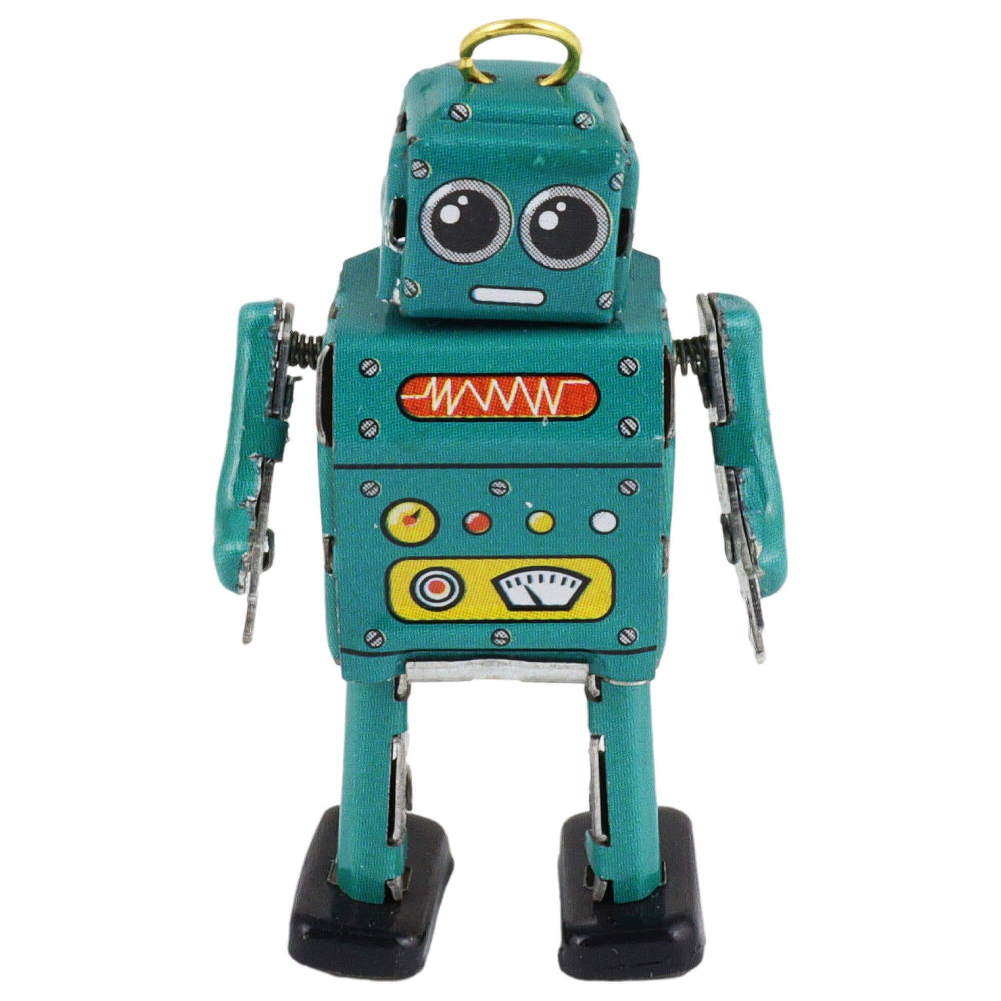 Turquoise tin robot mini 4.8x2.5x1.7 cm hand-painted lacquered tin tabletop collectible
