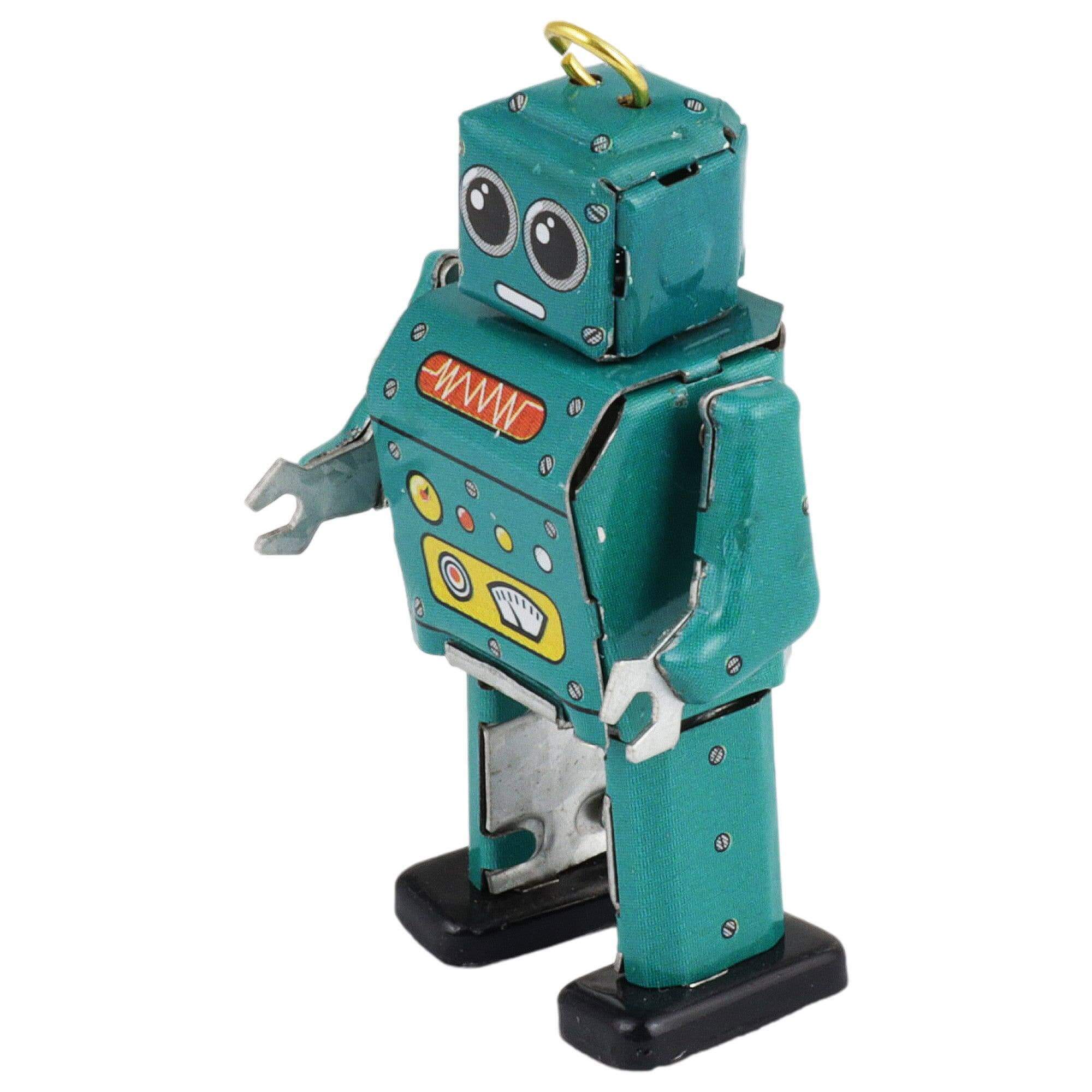 Türkis Zinn-Roboter Mini Sammlerfigur Retro-Design Dekorativ Regal-Tisch Deko auf einem weißen Hintergrund.