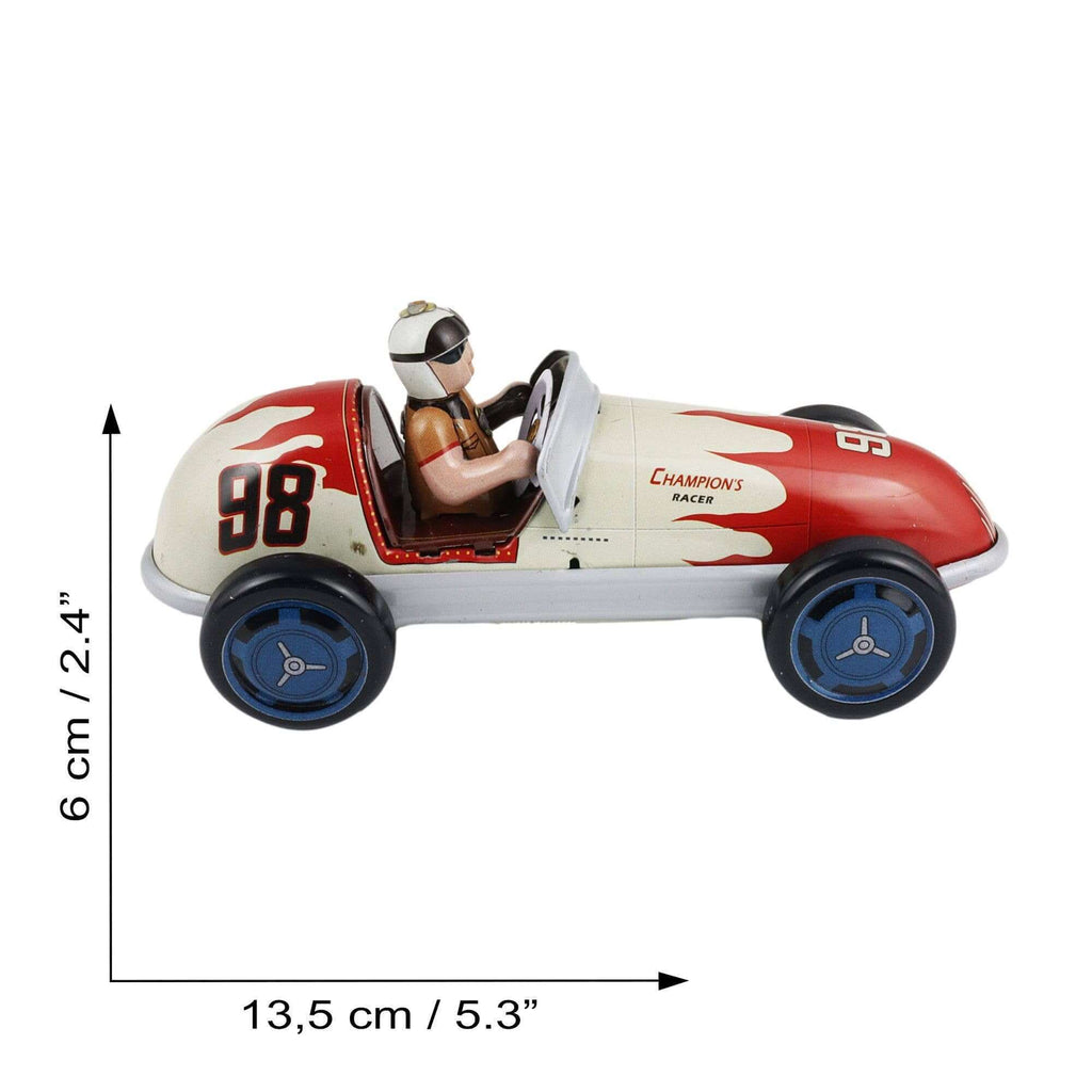 Vintage Blechrennauto Grau-Rot Retro Rennwagen aus Metall Sammlerstück Miniatur mit Fahrer und Flammenmuster.