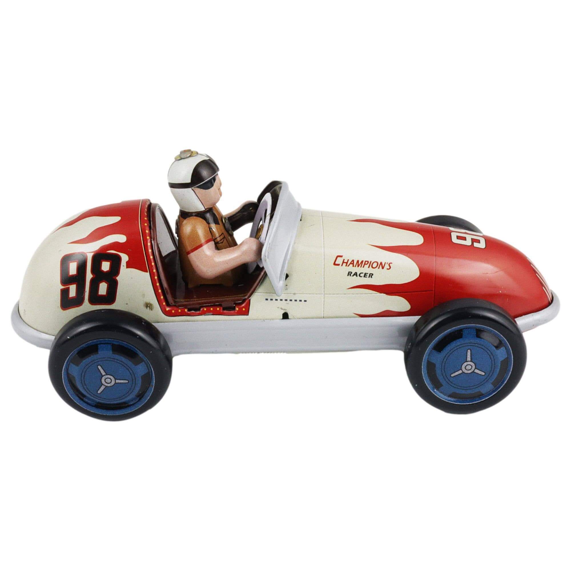 Vintage Blechrennauto Grau-Rot Retro Rennwagen aus Metall Sammlerstück Miniatur in detailreicher Seitenansicht.