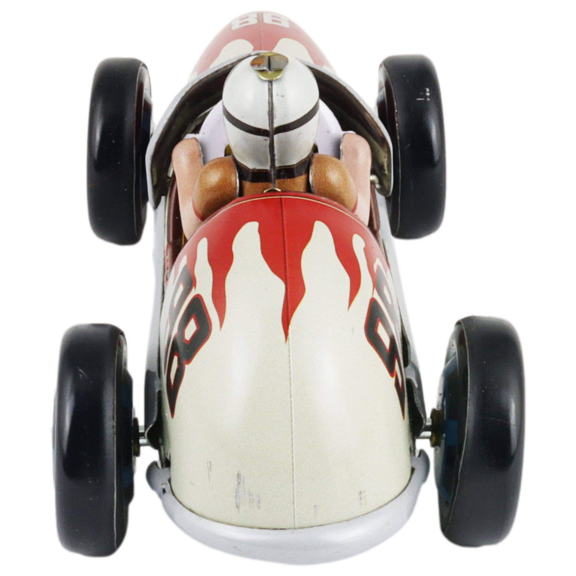 Vintage Blechrennauto Grau-Rot Retro Rennwagen aus Metall Sammlerstück Miniatur von oben mit fahrendem Fahrer.