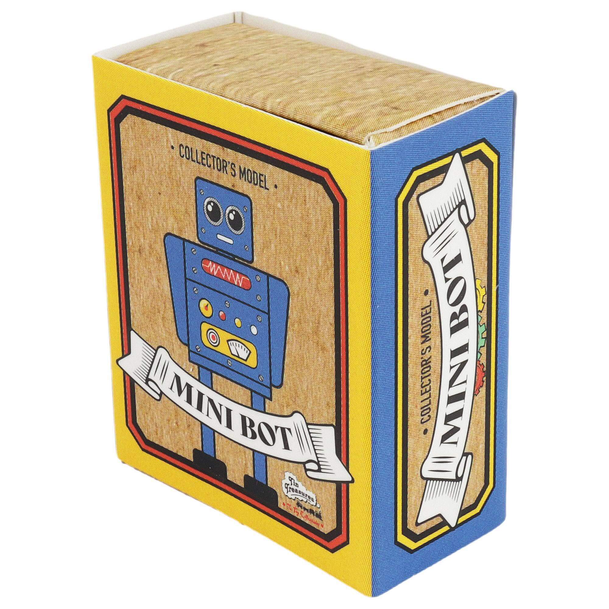 Vintage Blechroboter Mini Figur Blau Retro Metallspielzeug Sammlerstück Verpackung mit Comic-Grafik und handgearbeiteten Details.