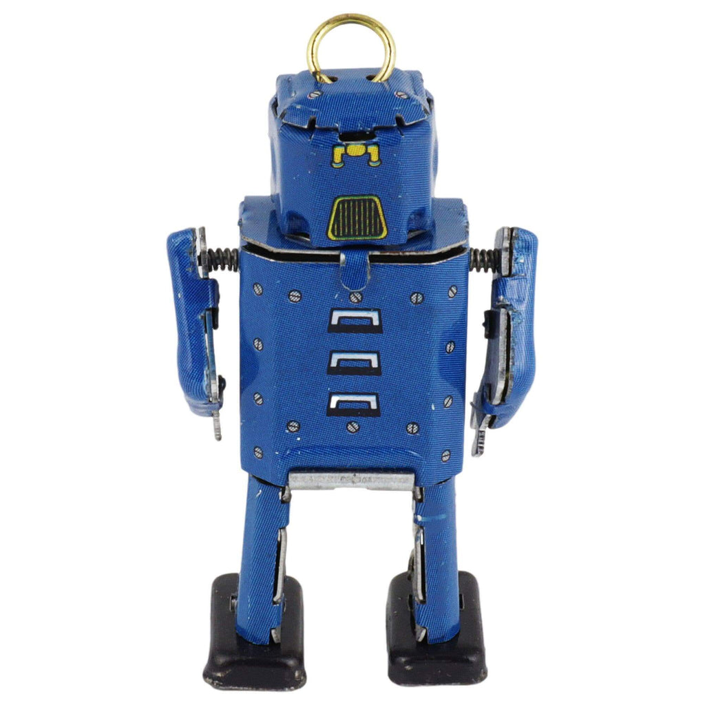 Vintage Blechroboter Mini Figur Blau Retro Metallspielzeug Sammlerstück, handgearbeitet und robust aus Metall.