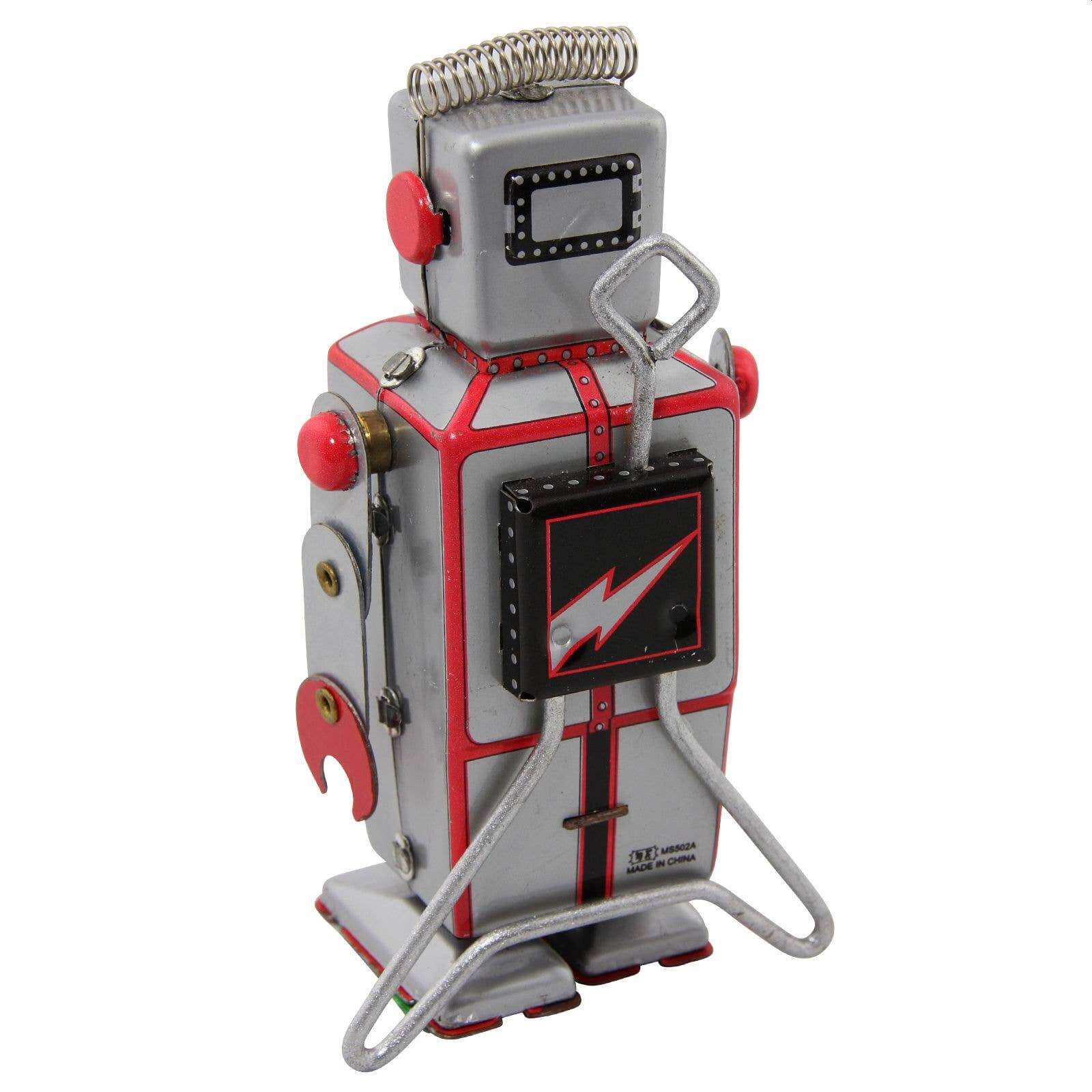 Vintage Blechroboter Spielzeug silber mit Aufziehmechanismus und rot, dekoratives Sammlerstück aus robustem Metall.