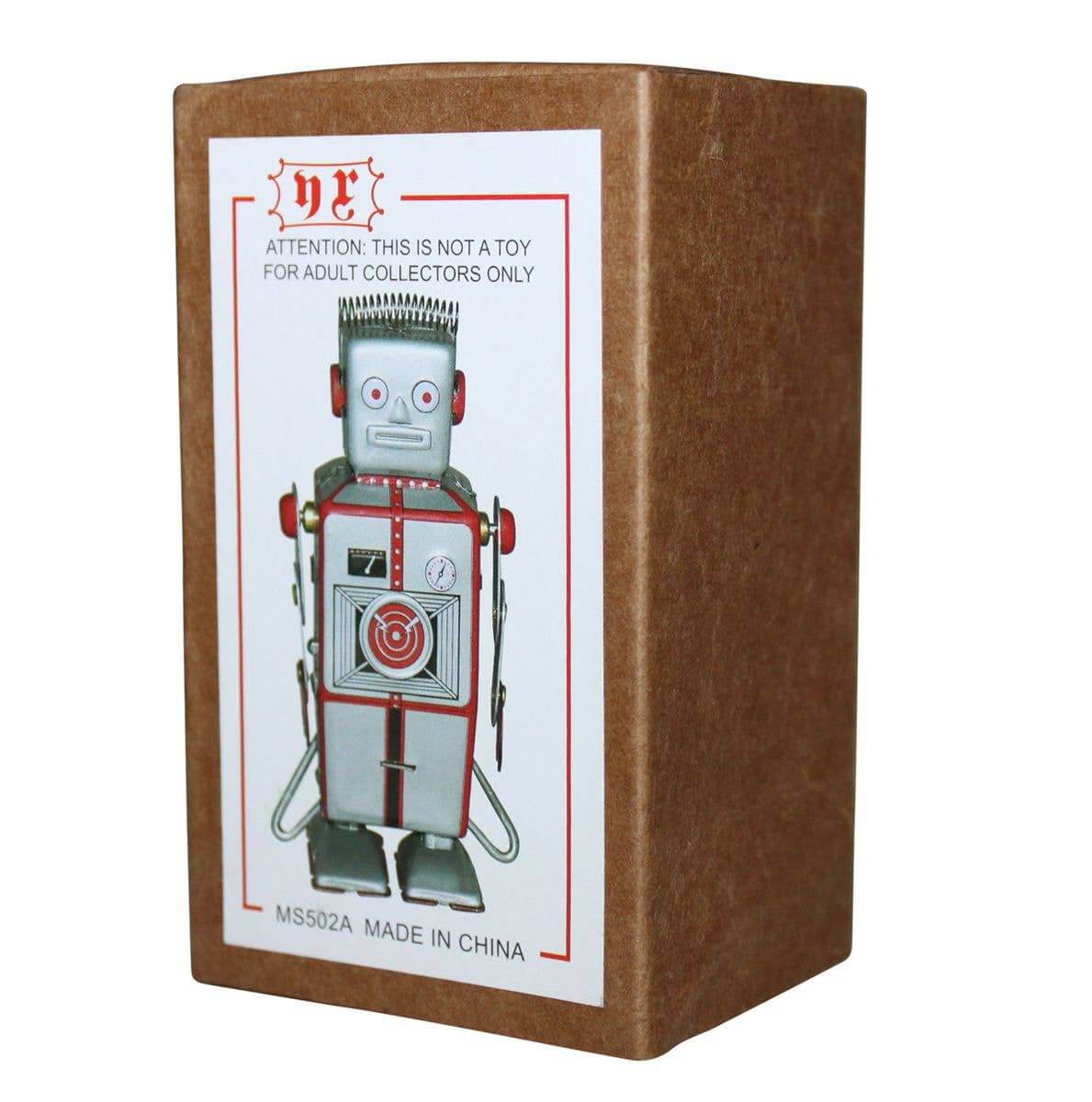 Vintage Blechroboter Spielzeug silber mit Aufziehmechanismus und rot, verpackt in origineller Box.