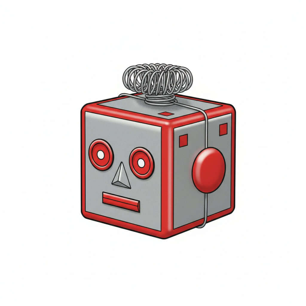 Tin wind-up robot silver with red accents metal construction key-wound 4x4.5x9.5cm 20g
