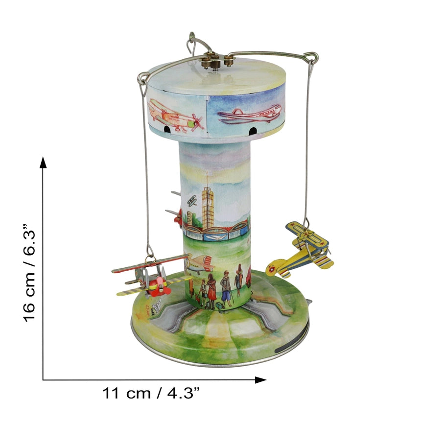 Vintage Blechspielzeug Karussell mit Flugzeugen handbemalt mechanisch 3 Flugzeuge, nostalgisches Sammlerstück.