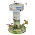 Hand-painted tin carousel with three airplanes mechanical wind-up multicolored vintage design 11×11×16 cm