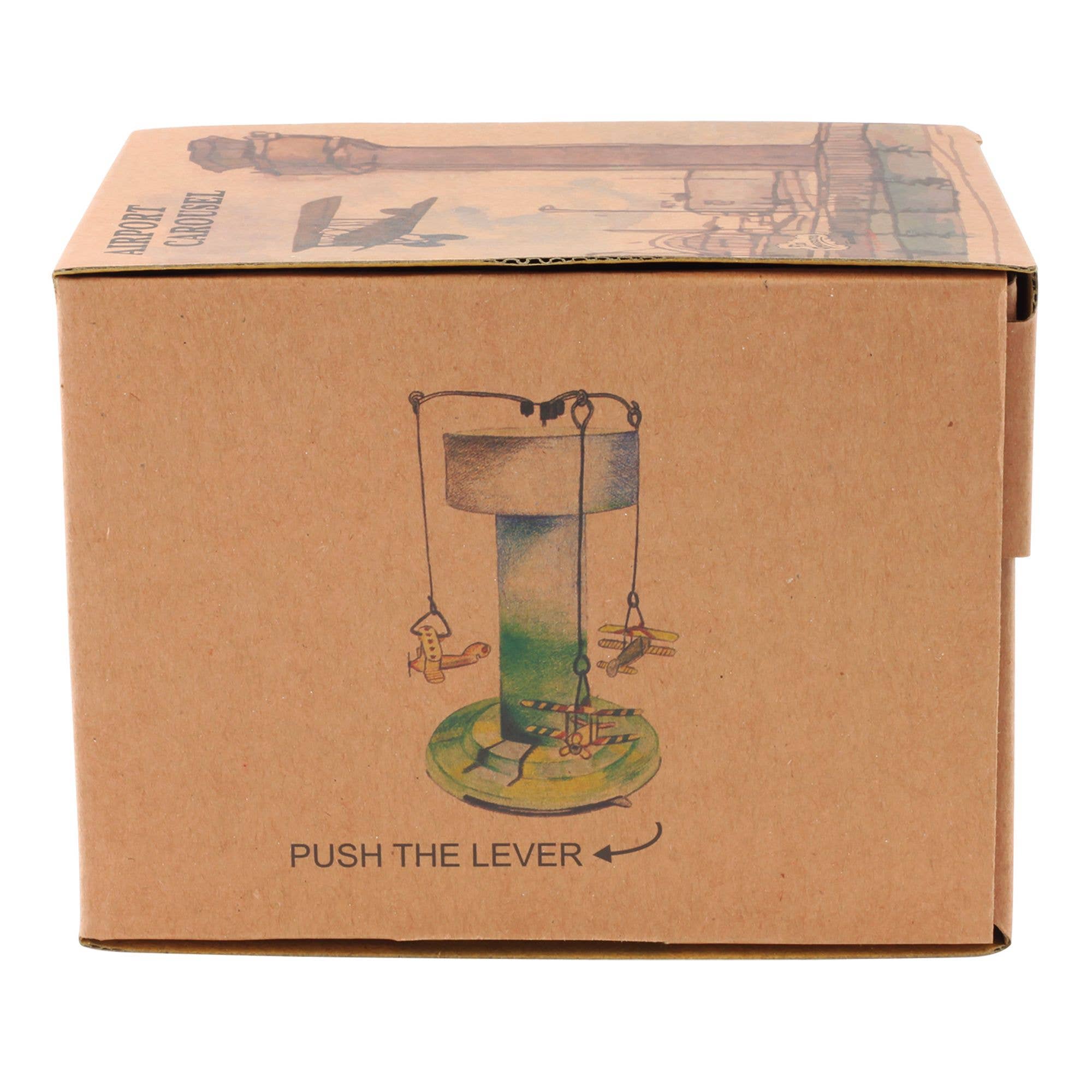 Vintage Blechspielzeug Karussell mit Flugzeugen handbemalt mechanisch 3 Flugzeuge Verpackung mit Anleitung