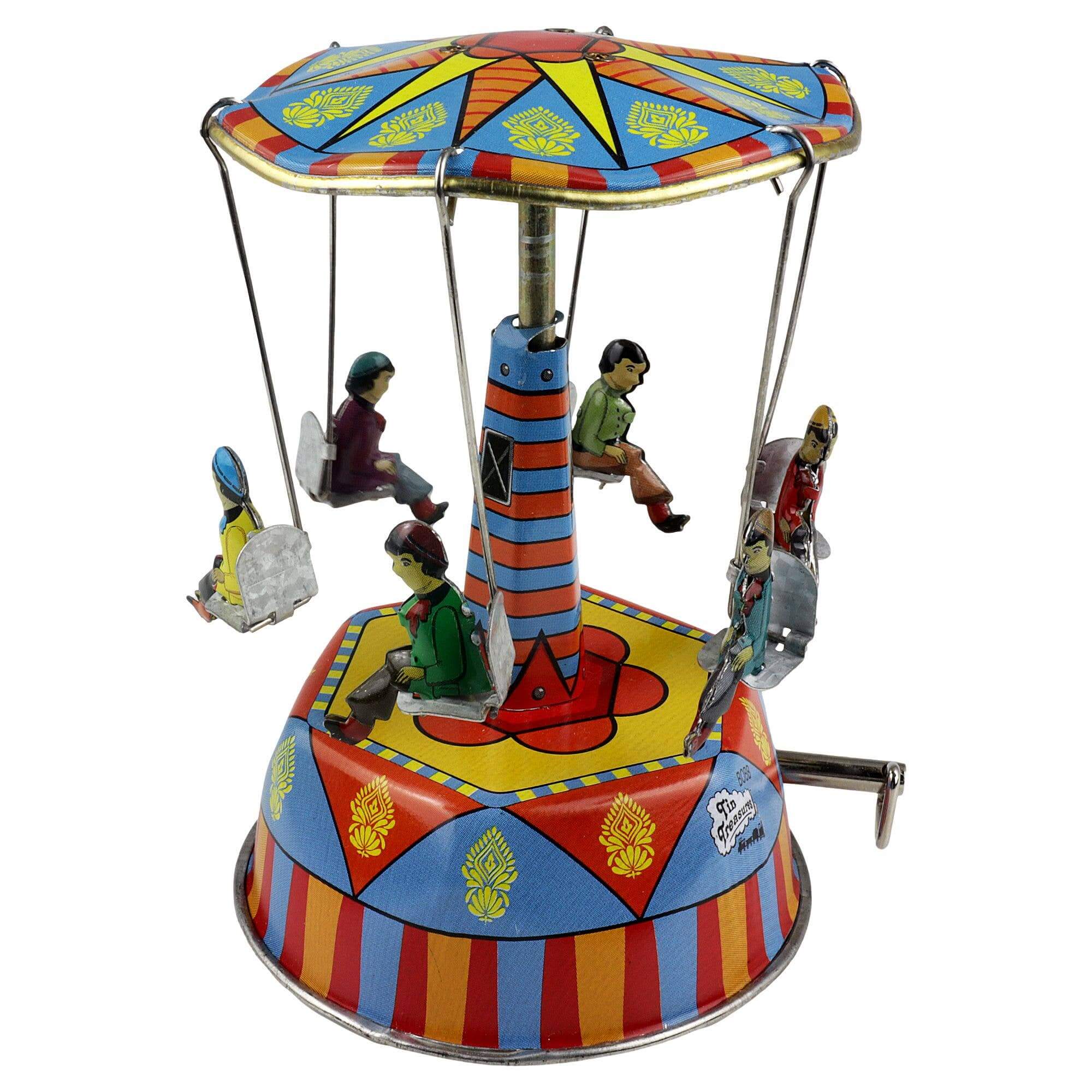 La Vie en Rose tin carousel hand-painted multicolor tinplate with wind-up key and miniature carousel figures