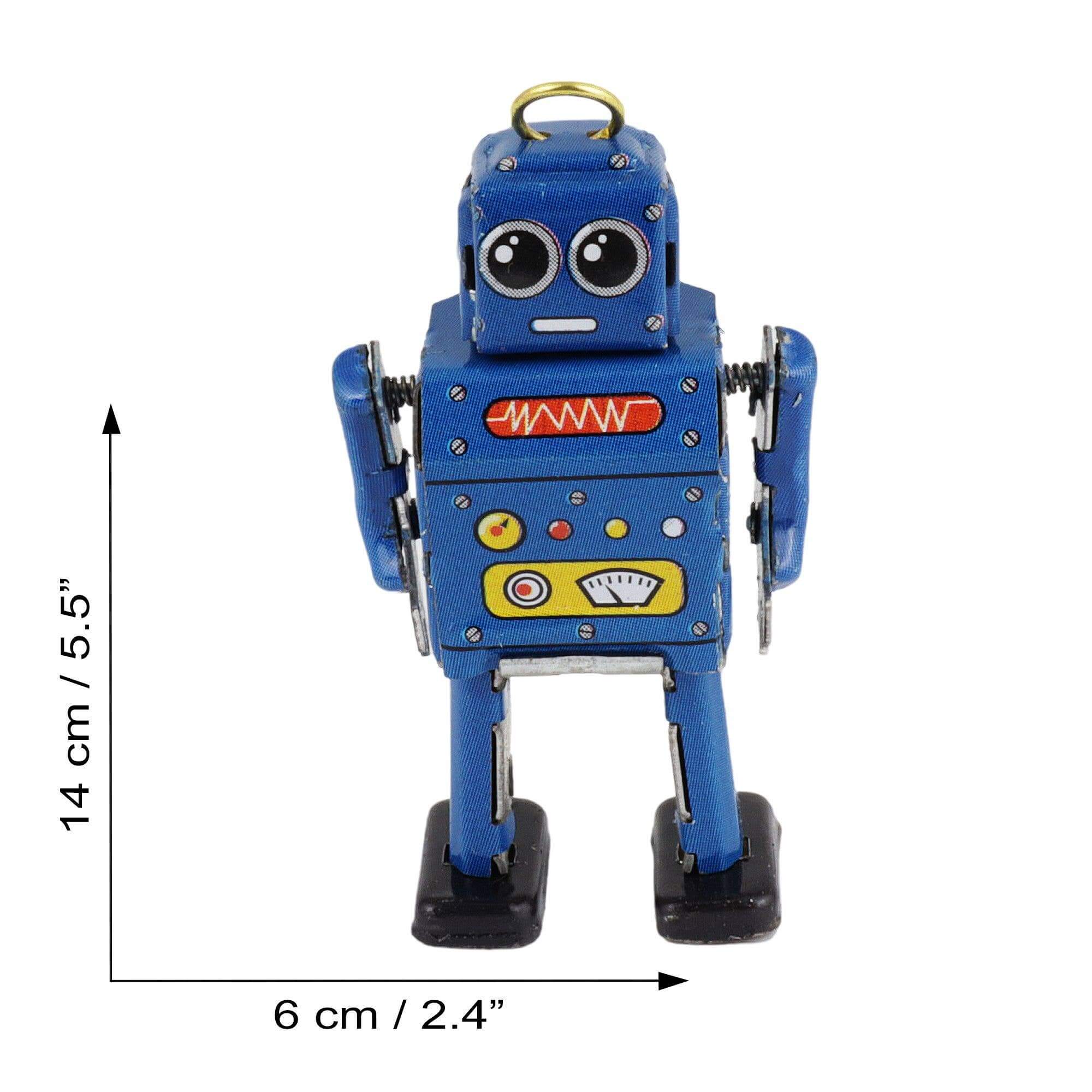 Vintage Blechroboter Mini Figur Blau Retro Metallspielzeug Sammlerstück aus Blech mit handgearbeiteten Details.